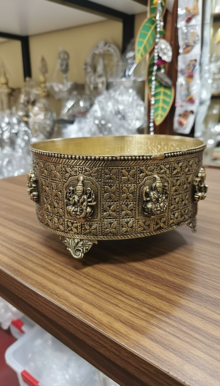 Antique Brass Finish Ashtalakshmi Design urli bowl/ Basket with handle ideal for Pooja Purpose